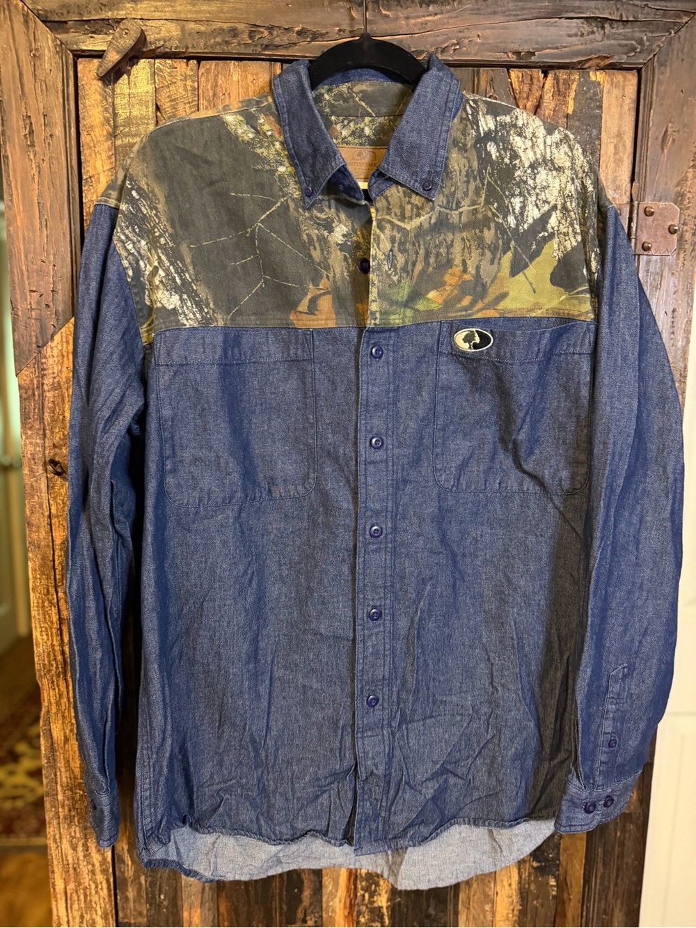 Mossy Oak Denim Camo Shirt Mens L Hunting Button Down Y2K Workwear